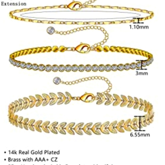 14 K Gold & CZ ANKLE BRACELETS SET OF 3 NWT - Picture 5 of 5